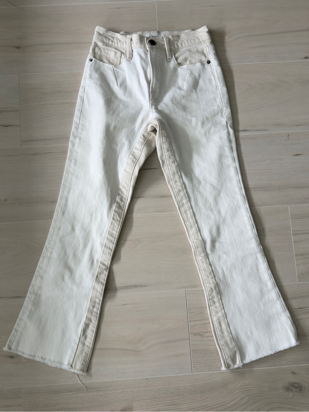 Frame Le Crop Mini Boot Jeans White Cream Denim Cotton Frayed Hem